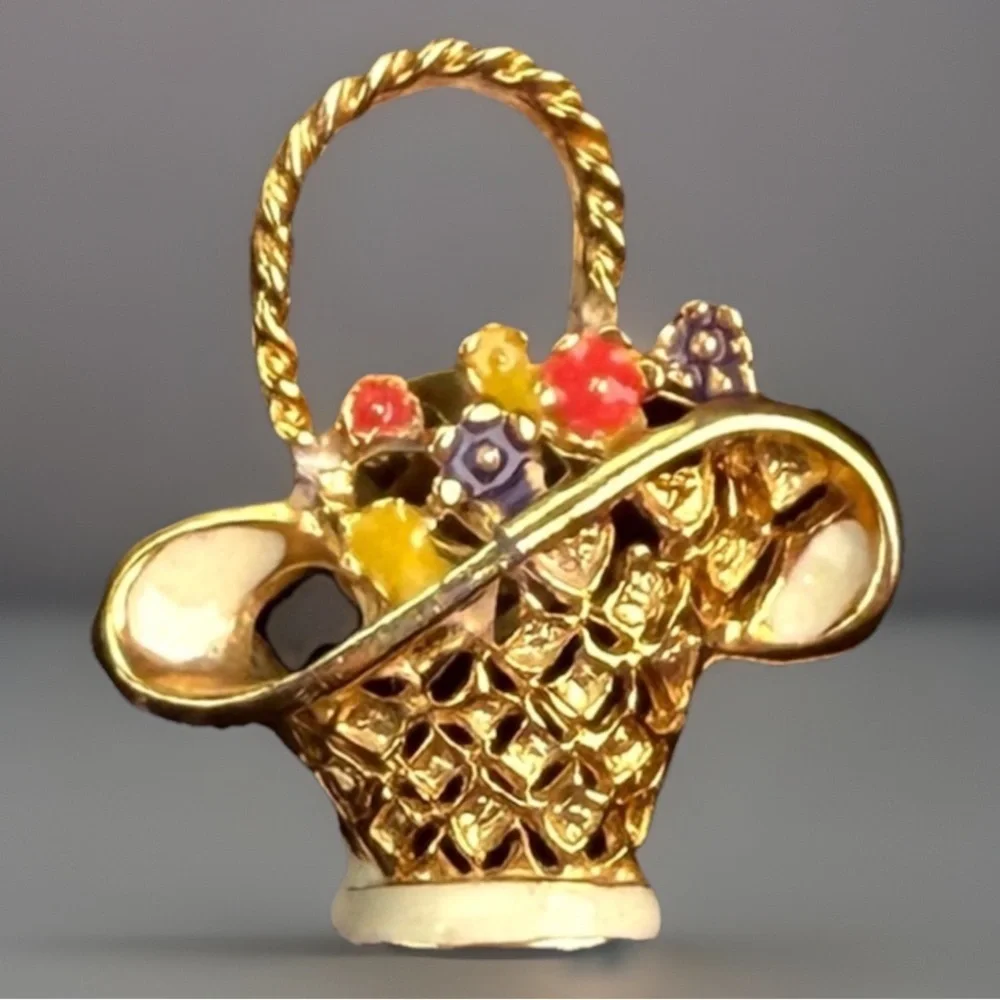 Vintage Gold Tone Flower Basket Brooch Pin Colorful Enamel Accents